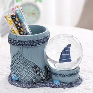 Mediterranean style creative resin pen holder with snow globe desktop stationery storage organizer