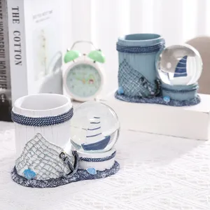 Mediterranean style resin pen holder with snow globe, marine decor desktop organizer.