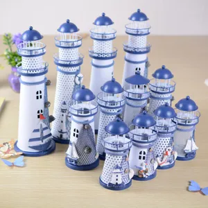 Set di ornamenti per fari in ferro mediterraneo, decorazione da tavola nautica blu e bianca.