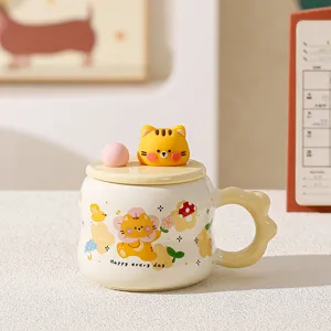 Cute cartoon ceramic water cup with lid, creative animal coffee mug for kids students gifts.