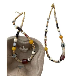 Asymmetric natural stone and wooden bead colorful necklace bohemian style main view display