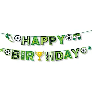 Soccer birthday party banner decoration supplies, green and black football hanging flags.