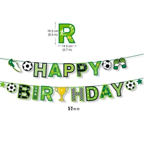 Soccer birthday banner party decoration set with football trophy motifs for sports fans.