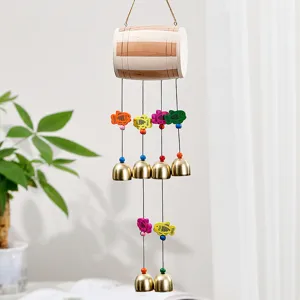 Carillon à vent tambour en bois avec poissons colorés et cloches en métal décoration murale