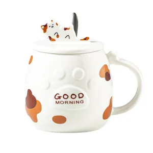 Cute cat ceramic mug with lid and spoon, perfect cute coffee cup for office and daily use.