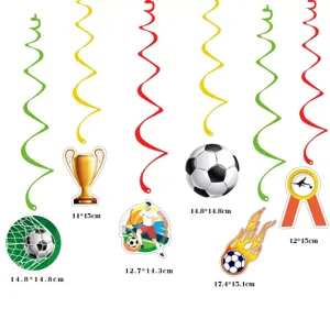 Soccer theme party hanging swirl decorations set with football cup player cutouts and sizes.