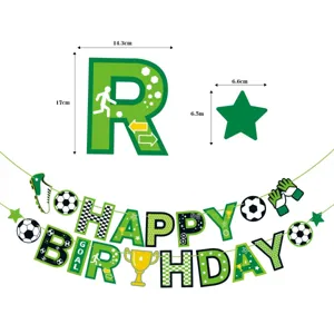 Soccer birthday party banner decoration with football letter flags and size specs display.