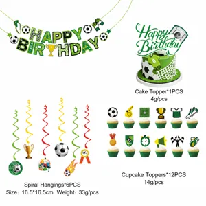 Soccer birthday party decoration set including banner, hanging swirls and cake toppers.