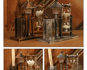 Vintage European style resin hourglass pen holder with night light ornament for student gift.
