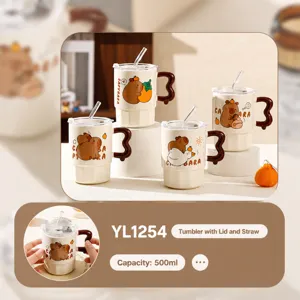 Cute capybara cartoon ceramic straw cup 500ml large capacity coffee mug home gift water bottle