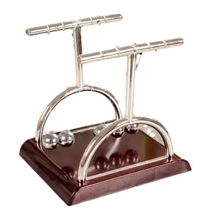 T-shaped Newton's Cradle Physics Science Pendulum Desk Toy Wooden Base Silver Metal Balls