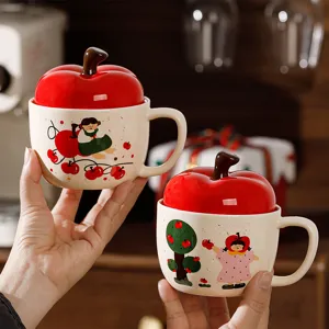 Tazza in ceramica mela carina con coperchio, tazza da caffè ragazza cartoon come regalo.