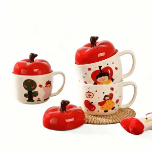 Simpatica tazza in ceramica a forma di mela con coperchio tazza da caffè per bambini regalo