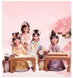 Hanfu girl zither chess calligraphy painting resin figurine set cute desktop decor gift