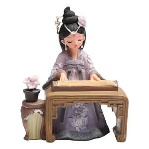 Traditional Chinese Hanfu girl playing zither resin figurine desktop home decor gift