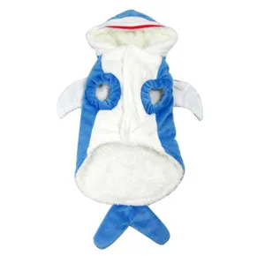 Plush shark pet costume for dogs and cats, warm winter hoodie with hood and tail fin details.