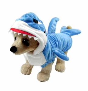 Cute 3D shark pet costume for dogs and cats, warm thick winter outfit for Halloween parties.