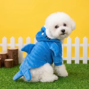Funny Plush Pet Shark Costume Thick Padded Dog Hoodie Jacket With 3D Fin Tail Warm Cat Outfit For Halloween Party