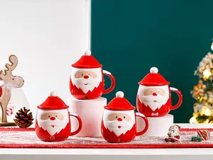 Christmas Santa Claus ceramic mugs set with lids, cute festive coffee cups for holiday gifts.