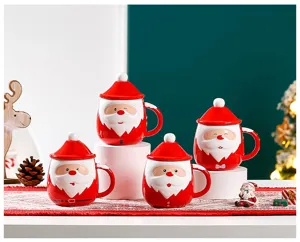 Christmas Santa Claus ceramic mug with lid cute red coffee cup festive holiday gift