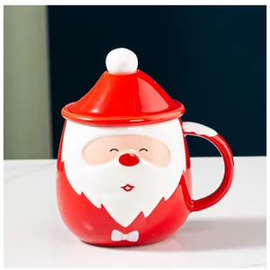 Close-up detail of the cute Santa Claus ceramic mug with lid, perfect Christmas gift.
