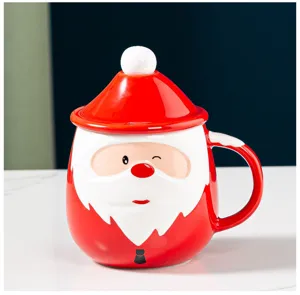 Detailed close-up shot of Christmas Santa Claus ceramic coffee mug featuring hat lid.