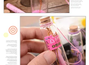Zodiac glass wish bottle detail shot, romantic gift with cork and dried flowers inside.