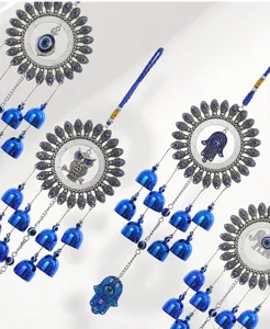 Campanello a vento con occhio turco in metallo, decorazione porta campana blu regalo.