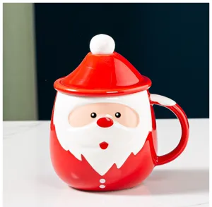 Festive ceramic mug featuring cute Santa Claus design with lid, perfect Christmas gift for friends.