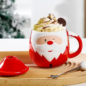 Festive Christmas ceramic mug with lid and spoon, cute Santa design, perfect holiday gift.
