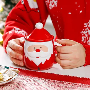 Christmas Santa ceramic mug with lid, cute festive water cup and holiday gift for friends.