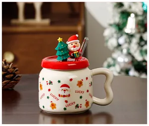 Tasse en céramique de Noël avec couvercle mignon de Père Noël et paille en verre.
