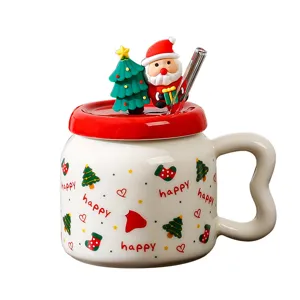 Tasse en ceramique de Noel avec couvercle paille design mignon de Pere Noel tasse a eau