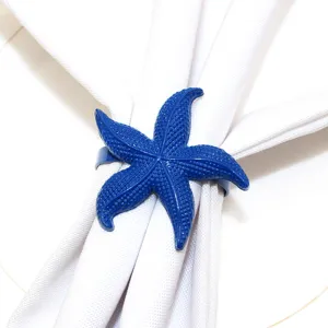 Detailed view of the elegant blue starfish napkin ring for nautical table decor themes.