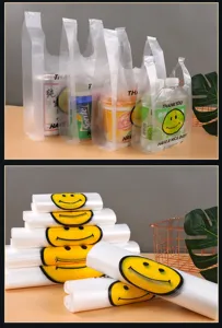 Detail view of cute translucent smiley face plastic vest bags, perfect for supermarket and takeout.