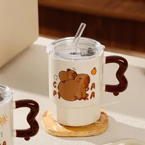 Cute capybara ceramic straw mug with wavy handle and lid for coffee and daily home use.