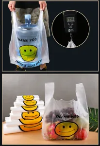 Transparent plastic smiley vest bag for grocery shopping, takeout packaging and daily use.