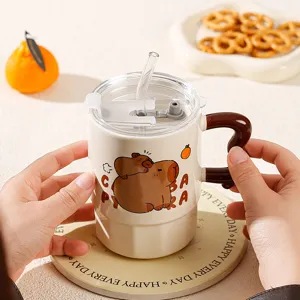 Cute capybara ceramic straw mug with lid large capacity coffee milk cup for office and home