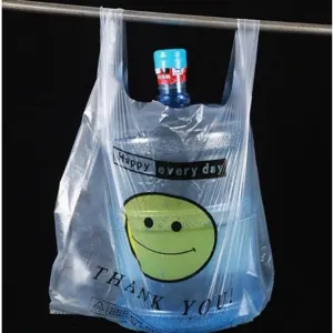 Transparent plastic vest shopping bag with smiley face and thank you print, durable design.