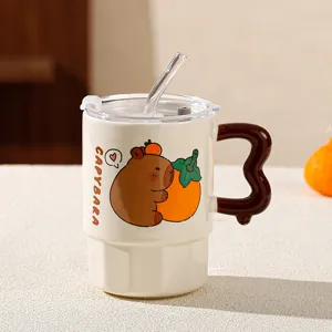 Cute Capybara ceramic mug with straw and lid, creative large capacity coffee milk cup gift.