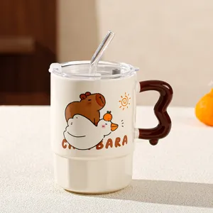 Cute capybara ceramic straw mug with lid, large capacity coffee cup and creative gift.