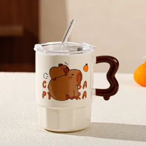 Detailed close-up shot of the cute capybara ceramic coffee mug with straw and lid design.