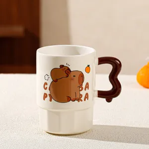 Cute capybara ceramic mug with creative brown handle, large capacity coffee and milk cup.