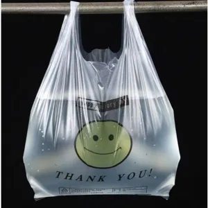 Transparent plastic vest bag hanging display with cute smiley face print and thank you text.