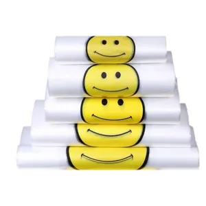 Cute transparent plastic vest bag with smiley face design, perfect for grocery and takeout.