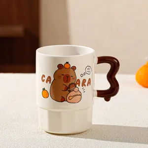 Cute Capybara ceramic coffee mug with unique brown wavy handle and cute animal cartoon design.