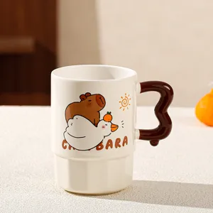 Cute Capybara ceramic coffee mug with unique brown wave handle for home daily use and gifts.
