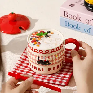 Tazza in ceramica carina con coperchio e cucchiaio, grazioso design gatto per ufficio e casa.