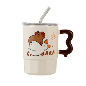 Cute capybara cartoon ceramic mug with straw and lid, creative large capacity coffee cup.