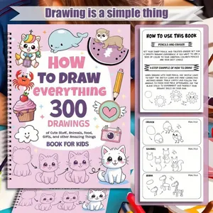 Vista detallada del libro de dibujo infantil que muestra pasos de animales y páginas de práctica.
